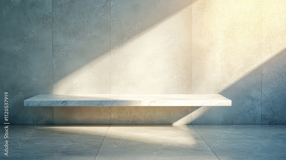 Poster a thin white marble shelf is positioned diagonally over a polished marble floor, illuminated by natu