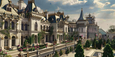 Fototapeta premium A castle with unique architectural features blending medieval and Renaissance styles