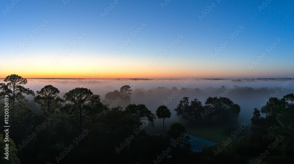 Aufkleber Layers of mist gently blanket the pine forest at dawn, creating a tranquil atmosphere with soft light illuminating the horizon, inviting calmness and reflection