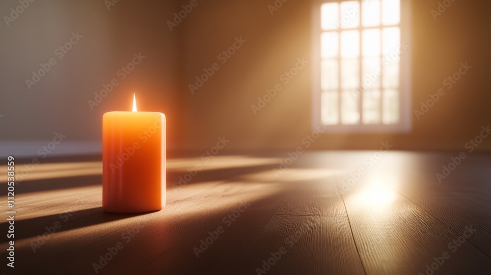 Aufkleber Soft light filters through a window, illuminating a large candle set in a peaceful meditation area, creating an atmosphere of calm and reflection