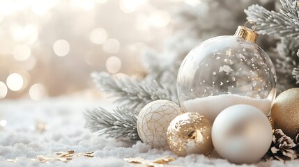 Winter holiday wallpaper featuring white and gold Christmas ornaments and baubles with an empty glass snow globe.