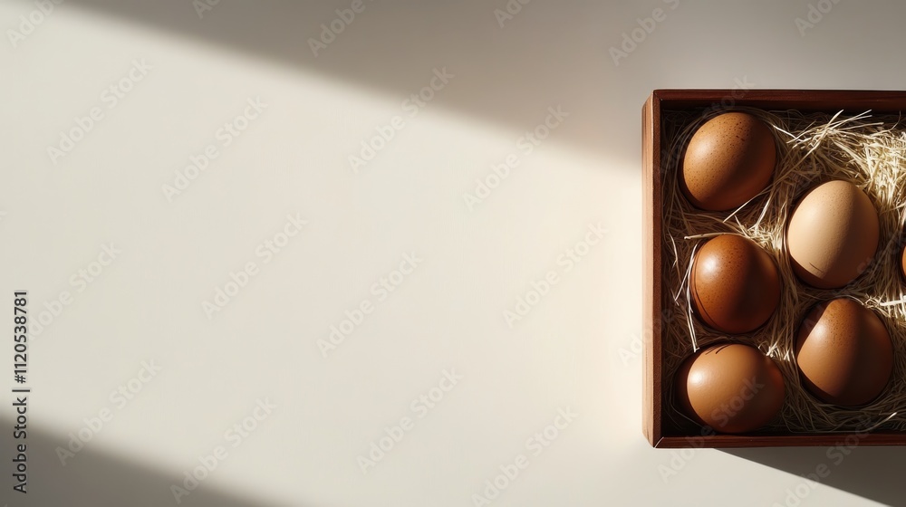 Poster a neatly arranged assortment of brown organic eggs nestled on straw inside a wooden box, set on a pr