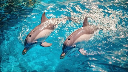 Fototapeta premium Two dolphins swim in perfect harmony beneath the shimmering surface of a vibrant turquoise sea. Their playful nature shines through as they navigate the inviting aquatic landscape
