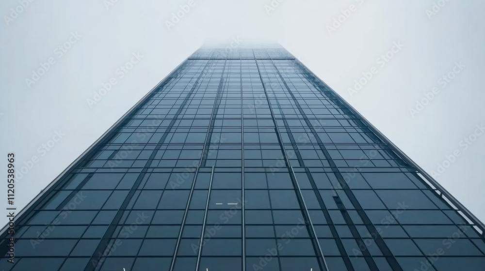 Poster A top-down view showcases a sleek glass skyscraper curving against the pale sky, its lines creating an abstract pattern and offering space for text on the left