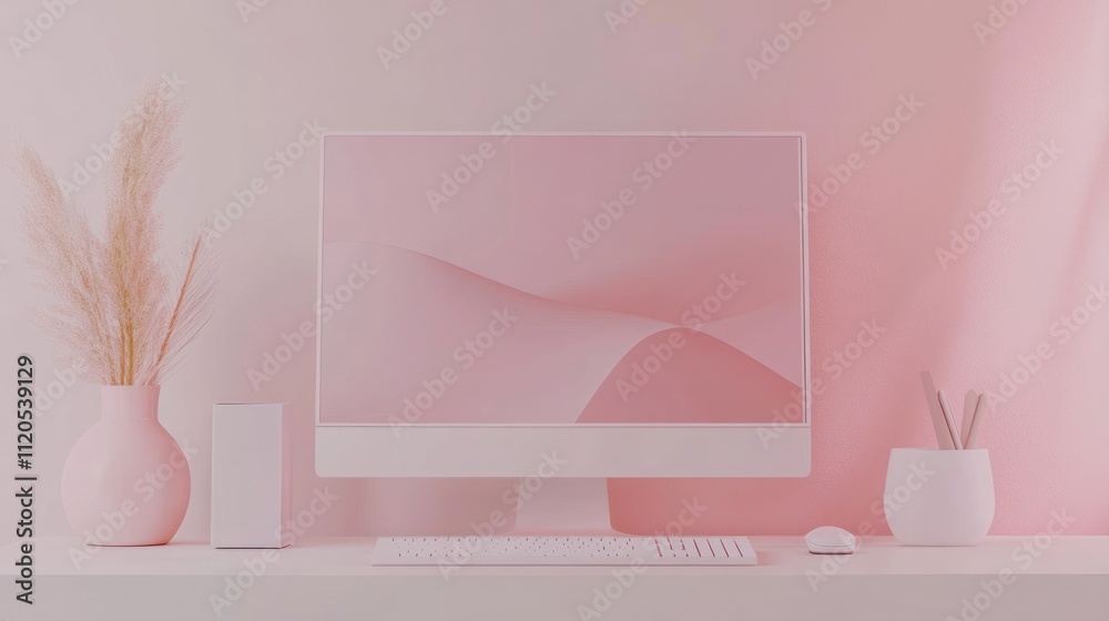 Poster Minimalist Pink Workspace Setup with Computer and Decor