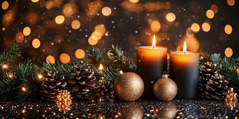 A serene arrangement of candles and ornaments displayed elegantly on a table against a dark background, evoking a warm Christmas ambiance.
