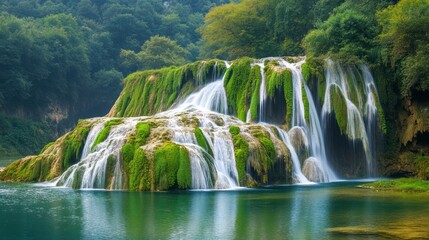 Fototapeta premium Serene Waterfall Cascading Through Lush Green Forest