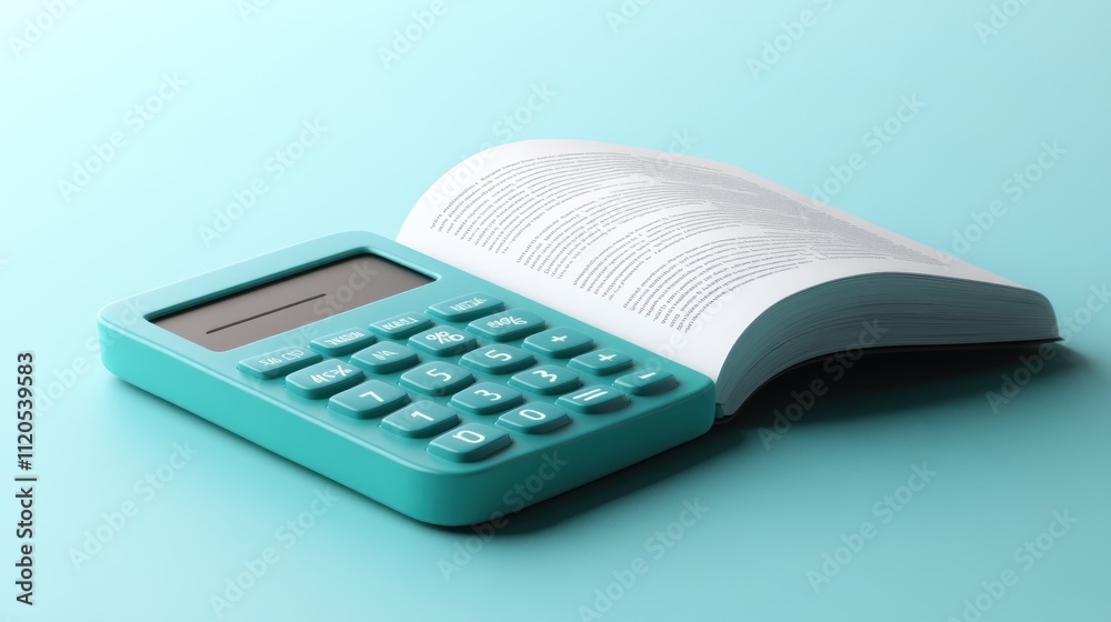 Poster teal calculator resting on an open book