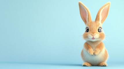 Obraz premium Adorable Fluffy Bunny Sitting Against Light Blue Background