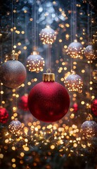 Colorful Christmas balls dangle from the ceiling, casting a festive glow in the dark, creating a magical holiday atmosphere.