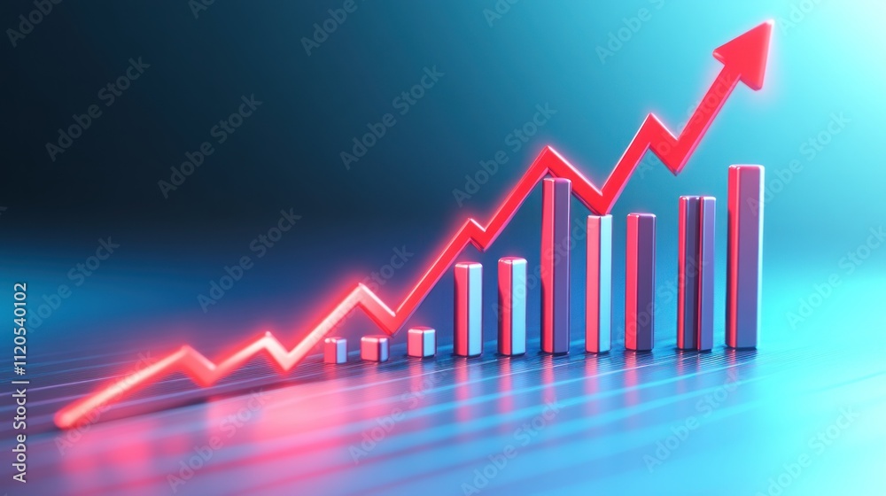 Poster Red Arrow Ascending Above Growing Bar Graph