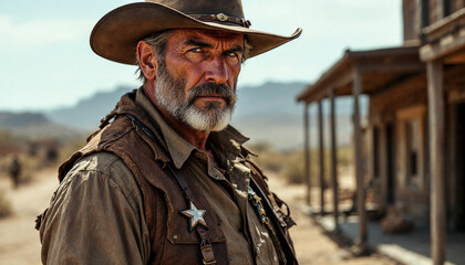 Obraz premium A Wild West sheriff, dressed in classic gear, exudes authority and resilience.