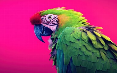 Obraz premium A vibrant green parrot with colorful feathers on a rich magenta studio background