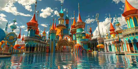 A concept art of a surreal castle with gravity-defying structures and vibrant colors