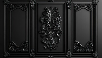 Black ornate wall panel with carvings.