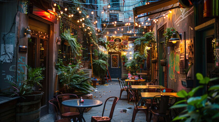 A cozy urban alley transformed into a vibrant cafe setting with string lights and small tables