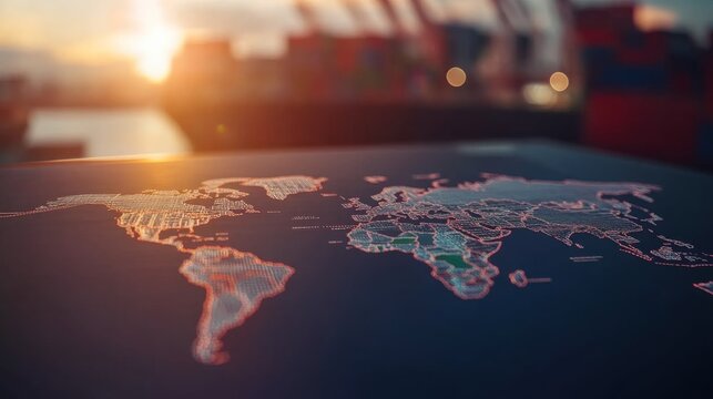 A digital map showcases intricate trade routes on a high-tech screen, surrounded by supply chain data overlays, as the sun sets over a bustling logistics port