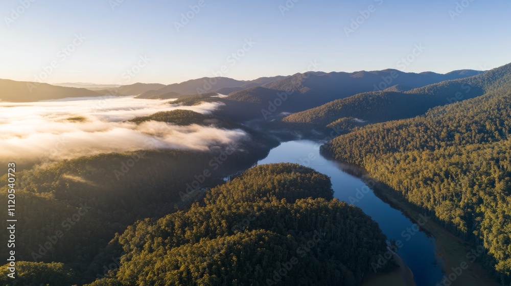 Poster an expansive coastal rainforest basks in sunlight as it breaks through mist, illuminating lush treet