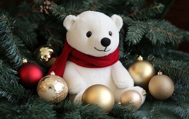 Adorable polar bear plush with a red scarf sitting next to Christmas ornaments
