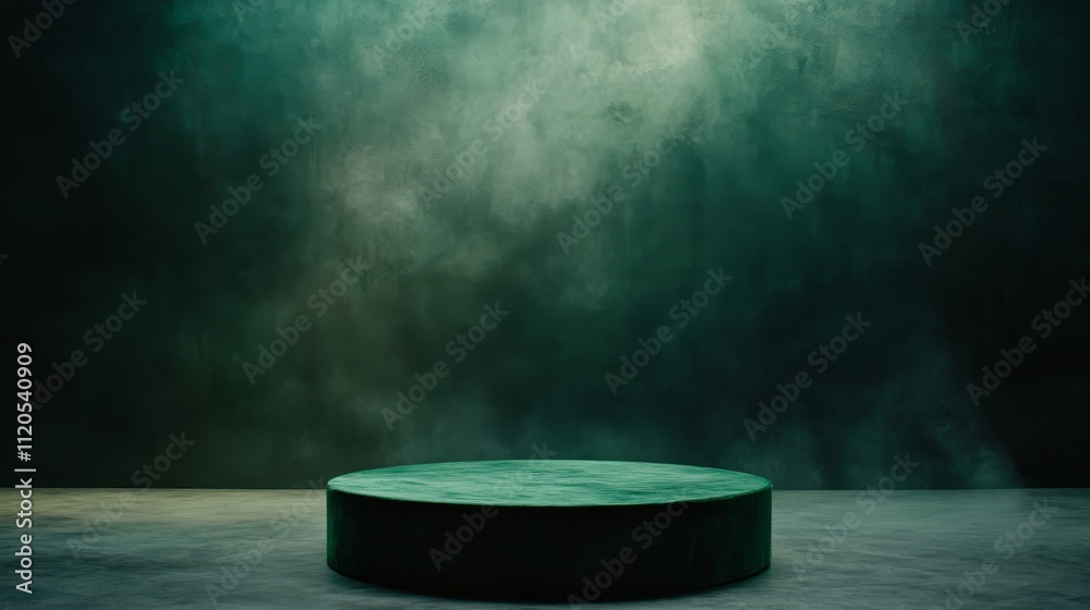 Poster this overhead shot showcases a circular emerald-green podium stage highlighted by a single spotlight