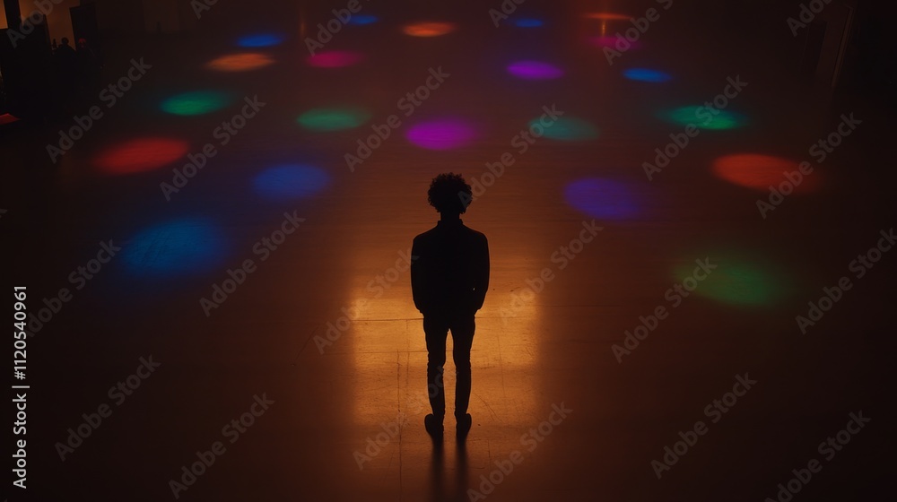 Poster a person stands alone at a digital art exhibit, surrounded by vivid light projections illuminating t