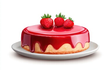 Cheesecake with strawberry topping and glaze on white background