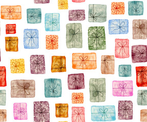This vibrant pattern features various hand-painted gift boxes in different colors and designs, symbolizing joy and celebration. Perfect for invitations or wrapping paper.