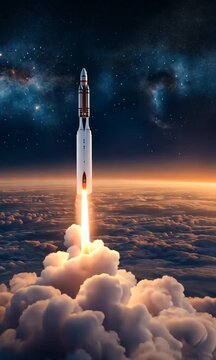 New space rocket lift off. Space shuttle with smoke and blast takes off into space on a background of blue planet earth with amazing sunset. Successful start of a space mission. Travel to Mars. Vector