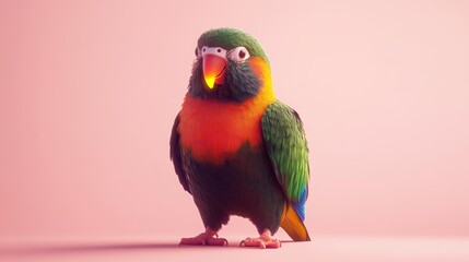 A colorful parrot stands against a pink background