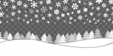 snow seamless border. A lot of snowflakes randomly fall above, snowdrifts and fir trees from below. isolated on a checkered background. vector element for background, cards, greetings, header website