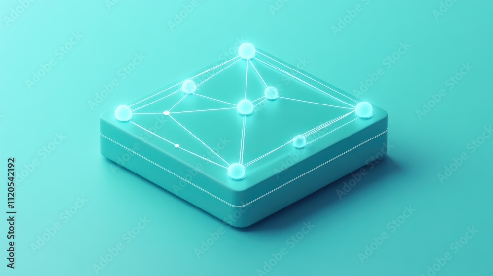 Poster teal cube displays networked glowing spheres