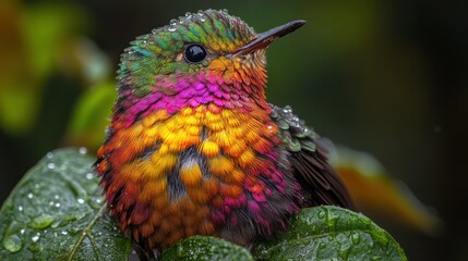 Fototapeta premium Vibrant hummingbird resting on wet leaves.