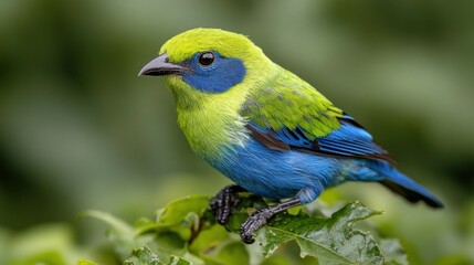 Obraz premium Vibrant green and blue bird perched on leaf.
