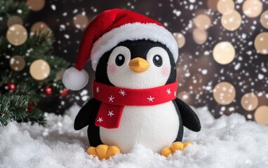 Cute penguin plush wearing a Santa hat and scarf with a snowy background