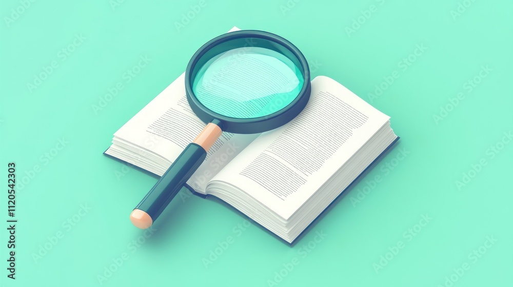 Poster magnifying glass on open book examining text