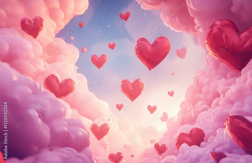 Poster illustration of heart-shaped balloons floating in the sky surrounded by fluffy pink clouds. the back