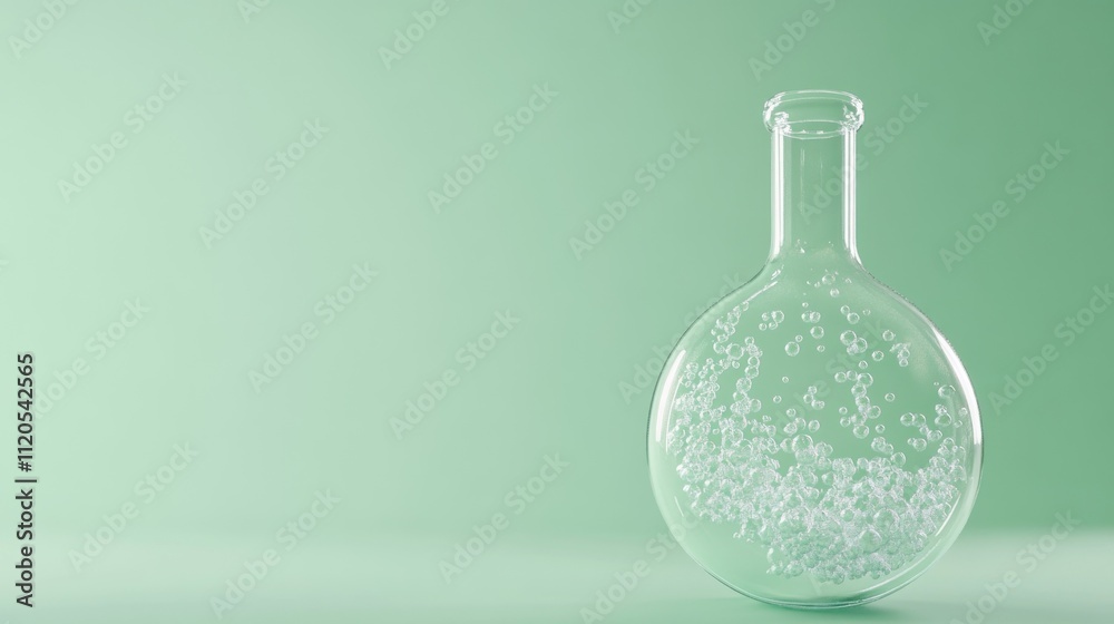 Poster glass flask filled with bubbles on green background