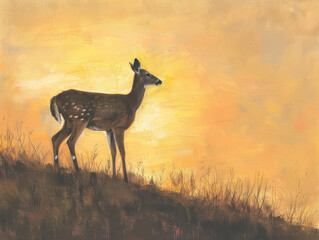 A deer captured in soft focus, standing on a hill during the golden hour, with warm hues painting the sky and landscape
