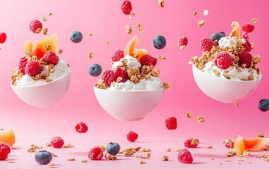Floating yogurt bowls with granola and fresh fruit toppings against a vibrant pastel pink studio backdrop
