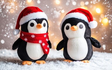 Fototapeta premium Cute penguin plush wearing a Santa hat and scarf with a snowy background