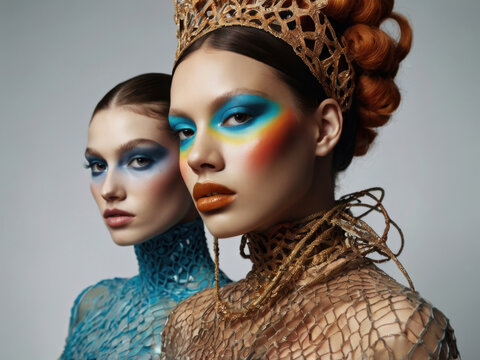 Dos modelos femeninos que muestran moda surrealista
