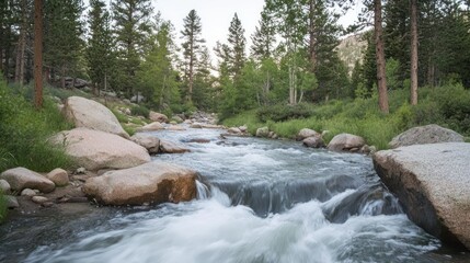 Mountain Stream Flows Through Rocky Terrain Amidst Lush Green Trees