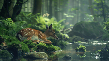 Fototapeta premium A deer resting near a tranquil forest stream, surrounded by ferns and moss-covered rocks, exuding a sense of serenity