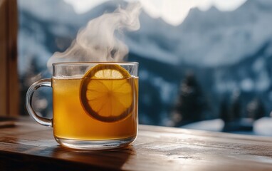Hot toddy with steam rising and a slice of lemon floating. Set in a cozy holiday lodge with snowy mountains visible