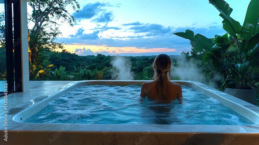 Poster a person enjoys a peaceful moment soaking in a hot tub while overlooking stunning hills and a colorf