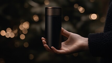 Hand holding a sleek black thermos against a bokeh background.