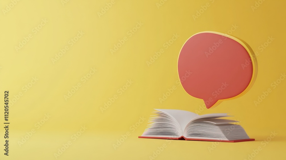 Poster open book with speech bubble above yellow background