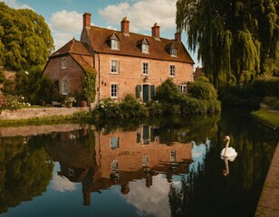 Obraz premium Charming English Cottage Reflected in Serene Pond with Swan