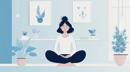 Obraz premium Woman meditating in a serene room, surrounded by plants.