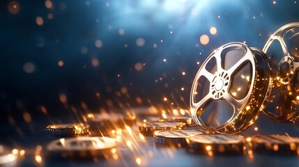 Golden film reels rotating with light rays and particles on dark blue background